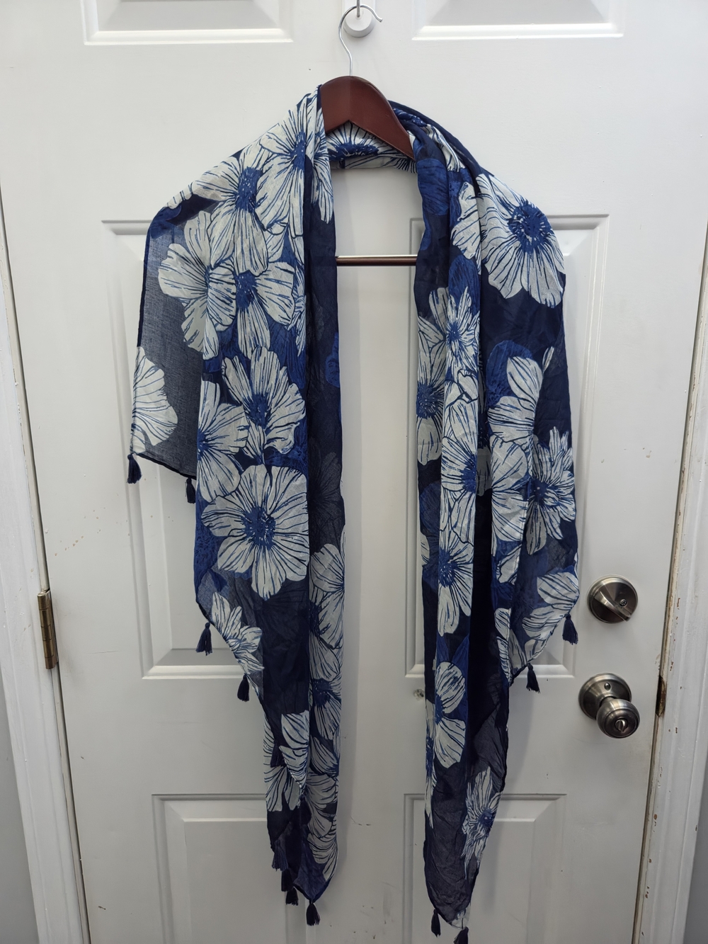 Navy Blue Floral Tassel Scarf